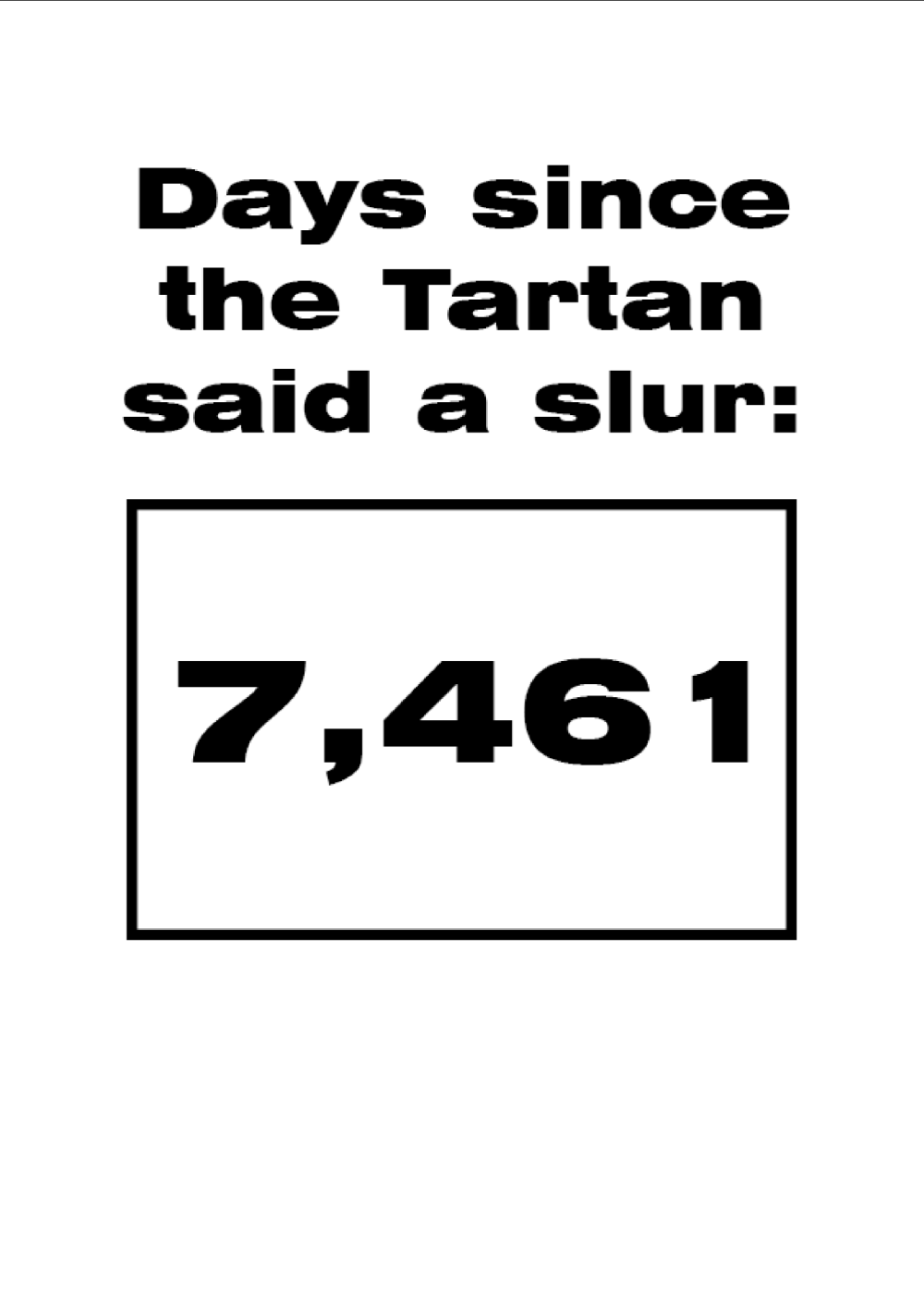 "Days since the Tartan said a slur: 7,461"
