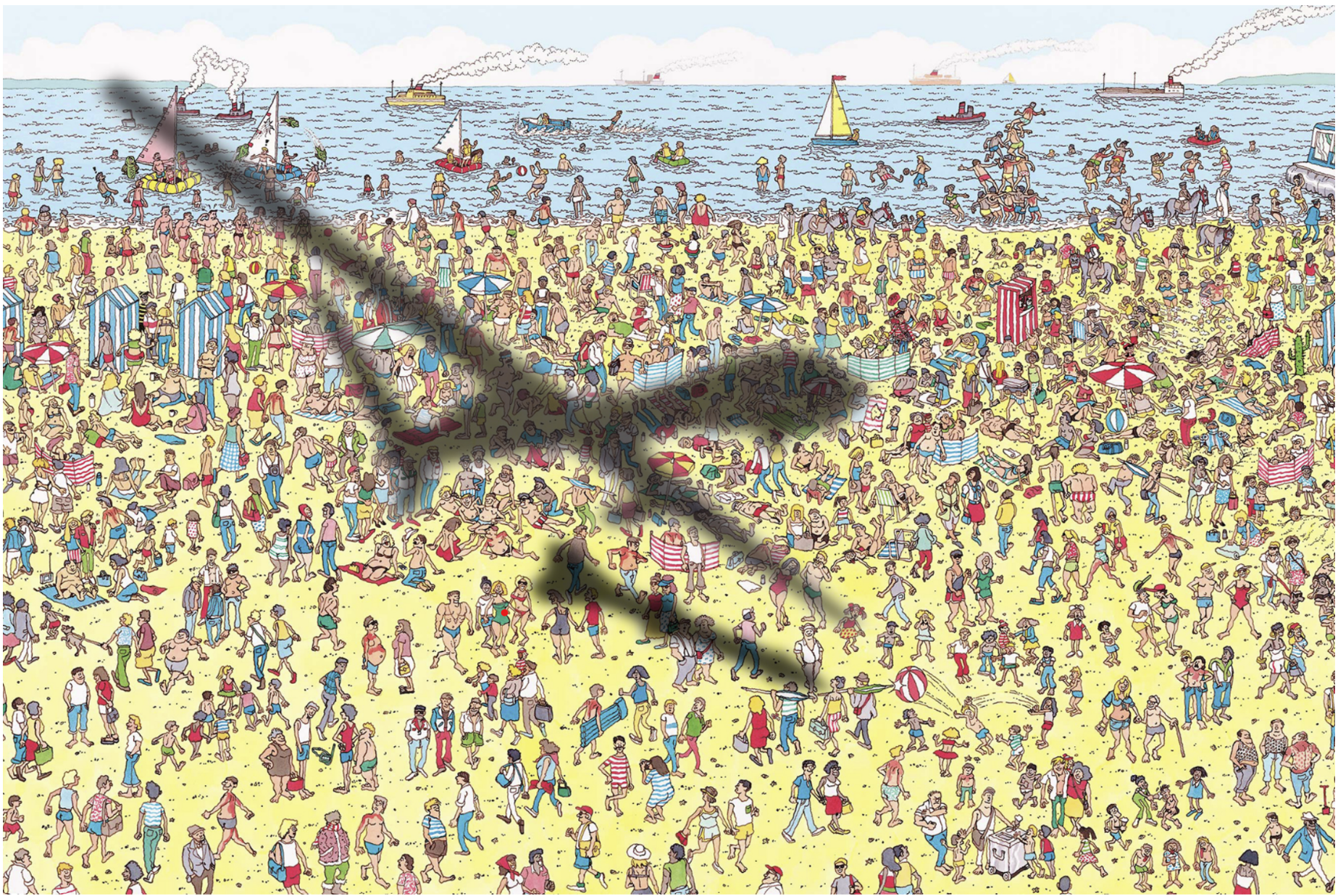 A "where's waldo?"-style drawing with hundreds of people on a beach. The shadow of an aircraft dropping a bomb is superimposed over them.