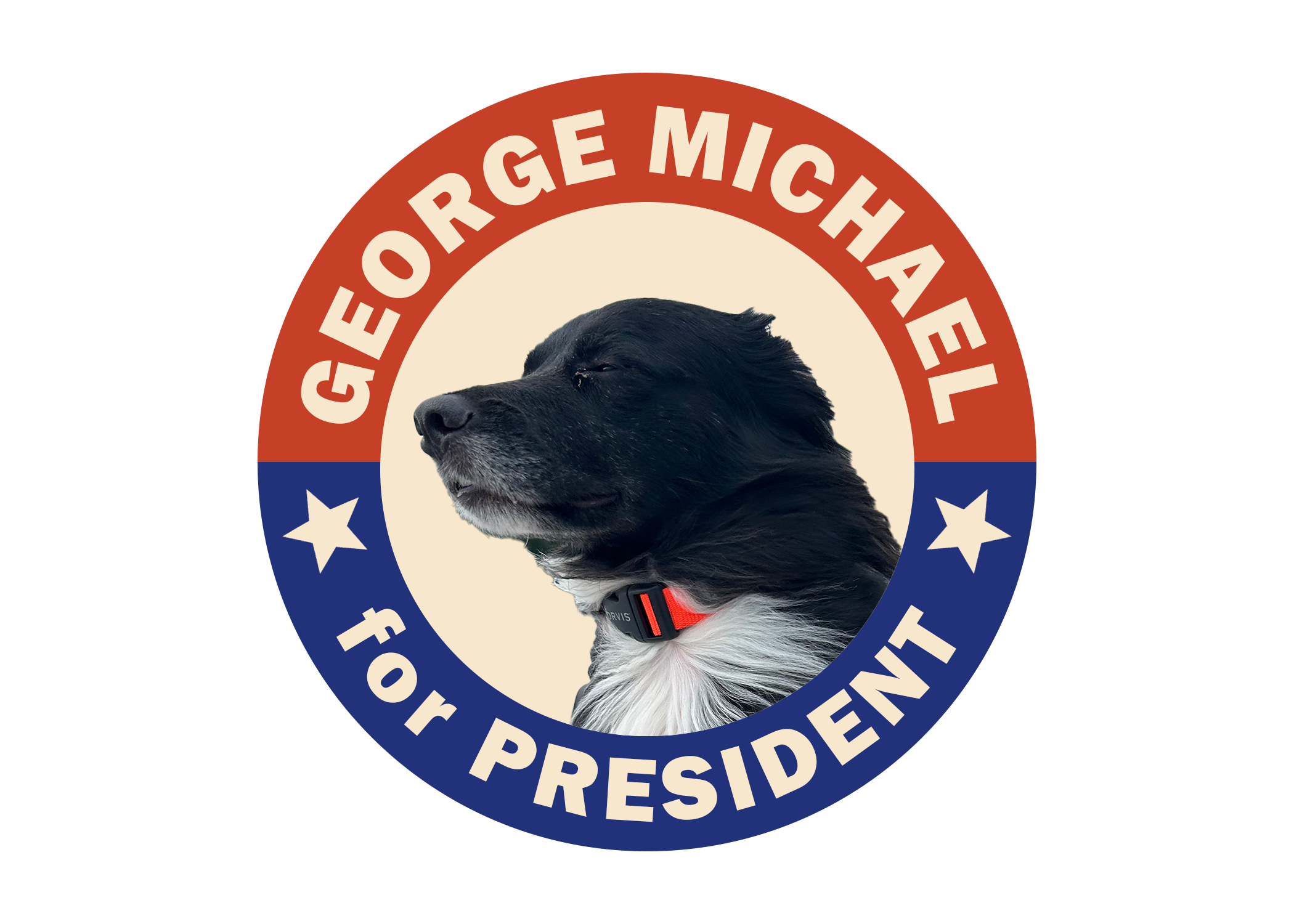 A campaign button with an image of a dog surrounded by the text "George Michael for President."