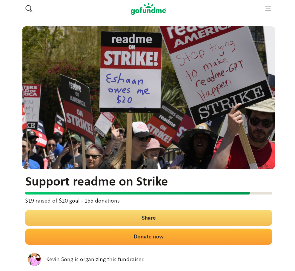 A GoFundMe page to "support readme on strike," with a photo of picketing readme writers. One sign says "Eshaan owes me $20."