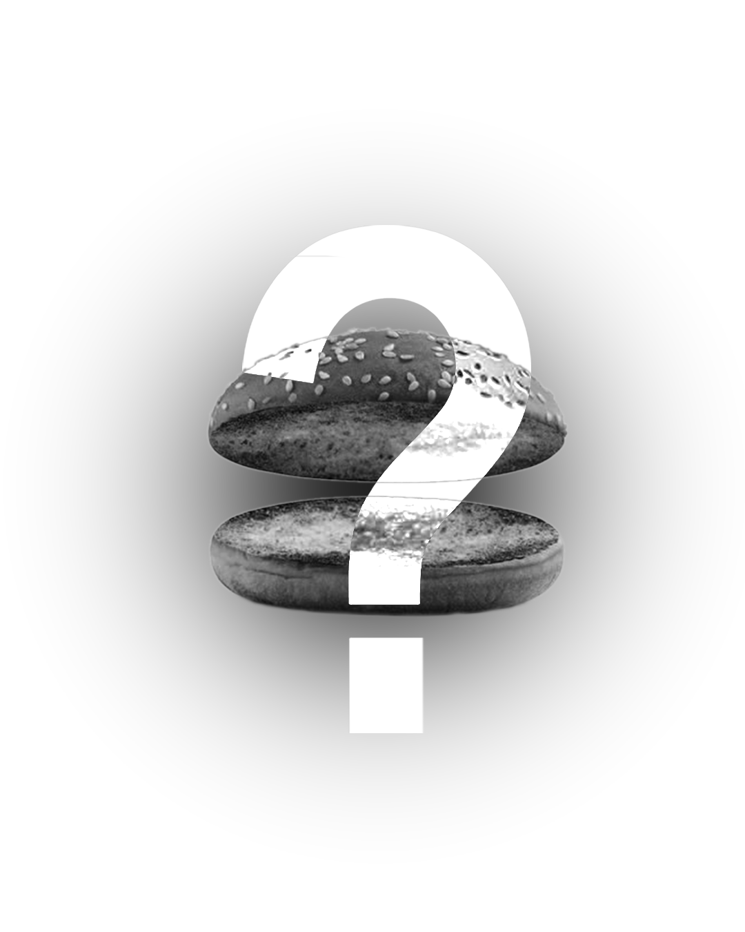 A hamburger bun in inverse grayscale with a superimposed question mark.