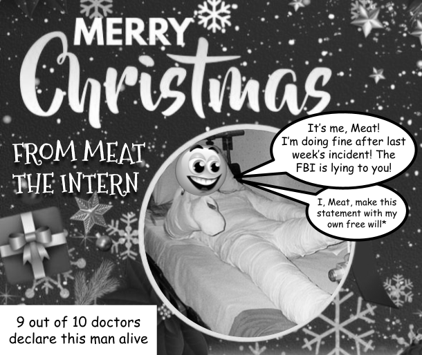 "Merry Christmas from Meat the Intern!" [Image of Meat lying in a hospital bed covered almost completely in bandages] Speech bubbles above Meat read: "It's me, Meat! I'm doing fine after last week's incident! The FBI is lying to you!" and "I, Meat, make this statement of my own free will*". A note in the corner reads "9 out of 10 doctors declare this man alive."