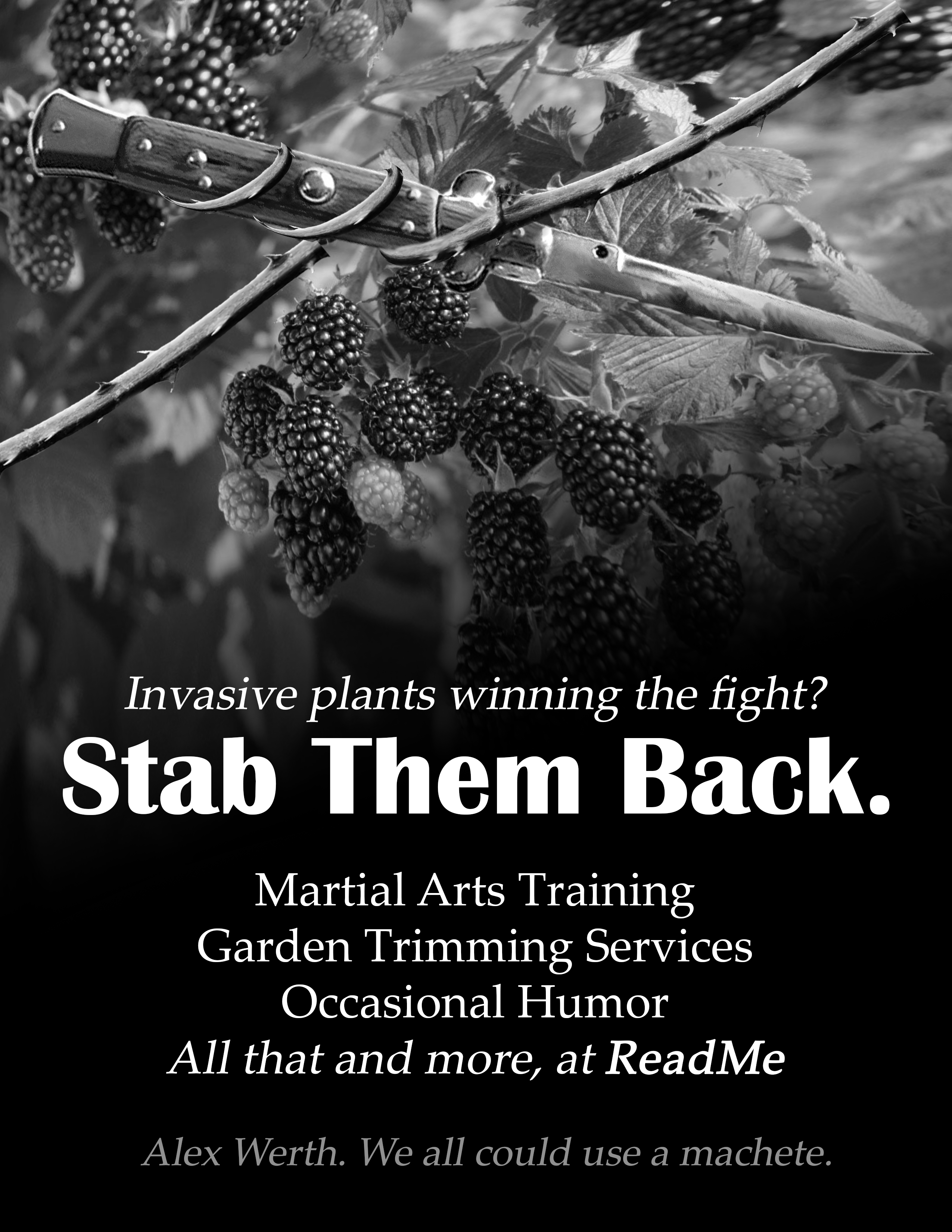 "Invasive plants winning the fight? Stab them back. Martial arts training, garden trimming services, occasional humor, and more, at ReadMe." [background is a thorny berry plant with a knife tangled up in it]