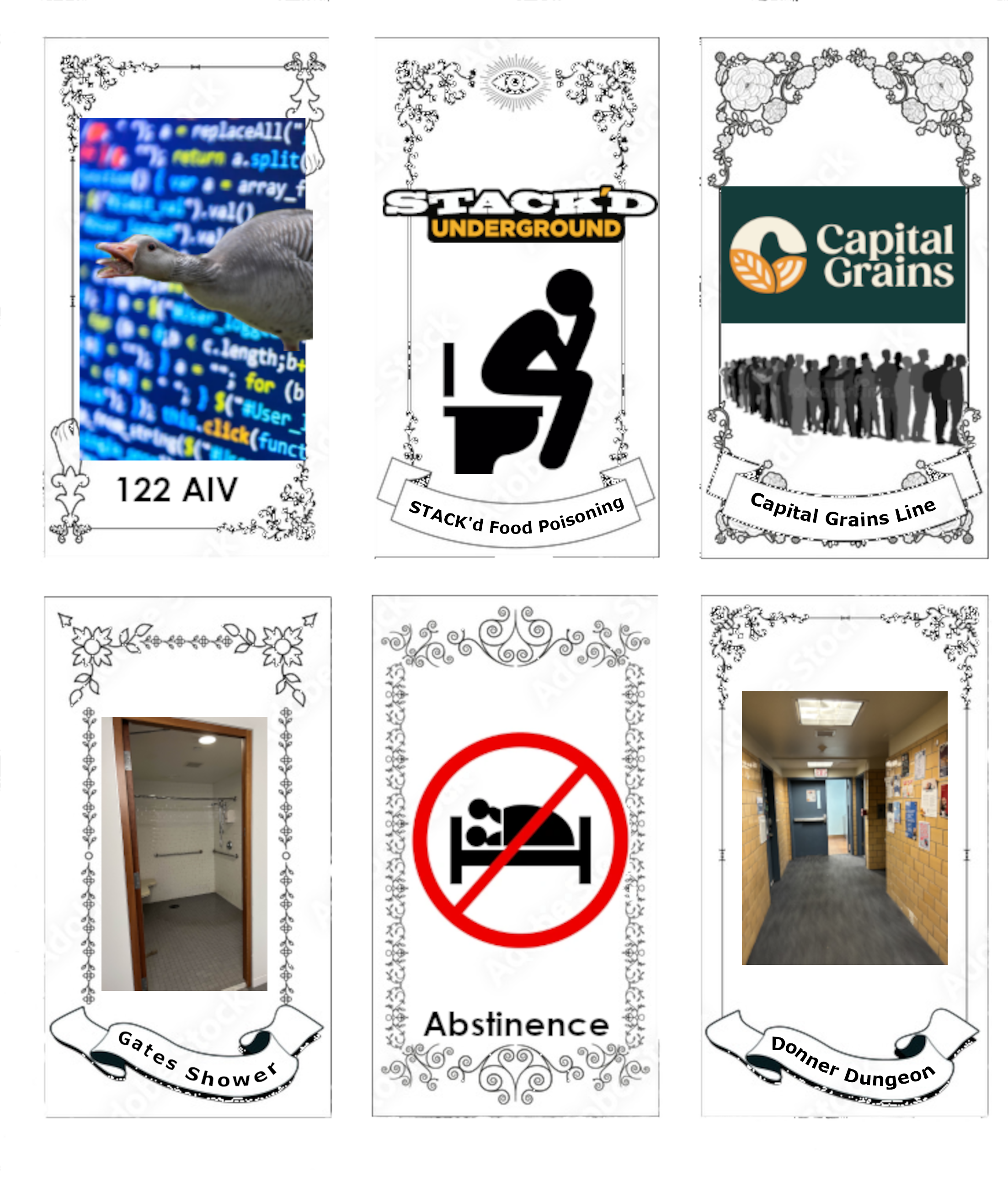 A set of six Tarot cards, with designs including "122 AIV", "Stack'd Underground food poisoning", and "abstinence."