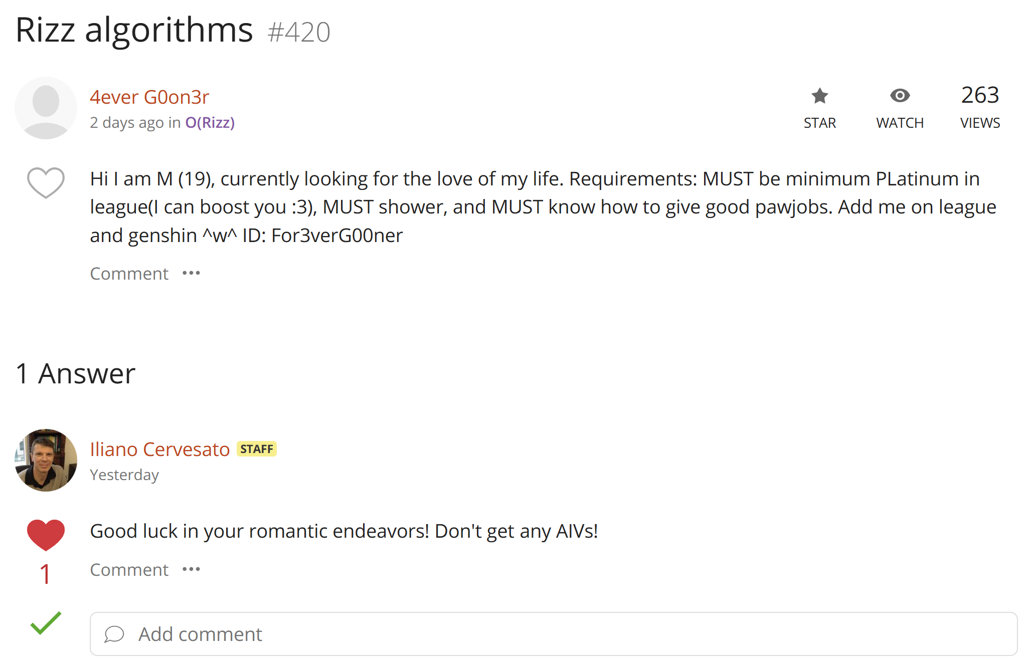 A 122 ed post called "Rizz algorithms" in which the student has pasted their dating profile (and League of Legends/Genshin username, For3verG00ner). Iliano replies "Good luck in your romantic endeavors! Dont get any AIVs!"
