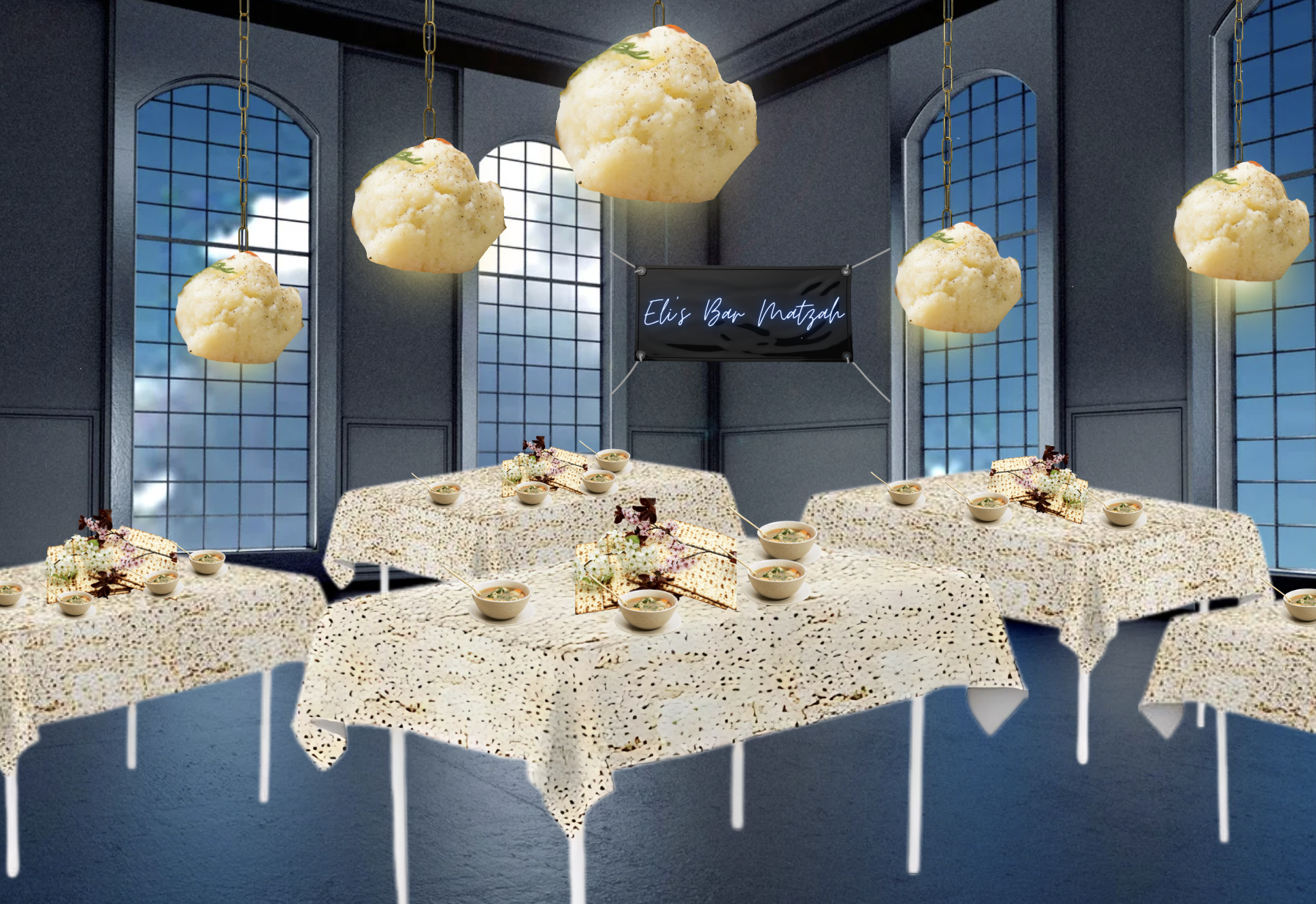 A room with many tables with bowls of Matzah ball soup. A sign says "Eli's Bar Matzah"