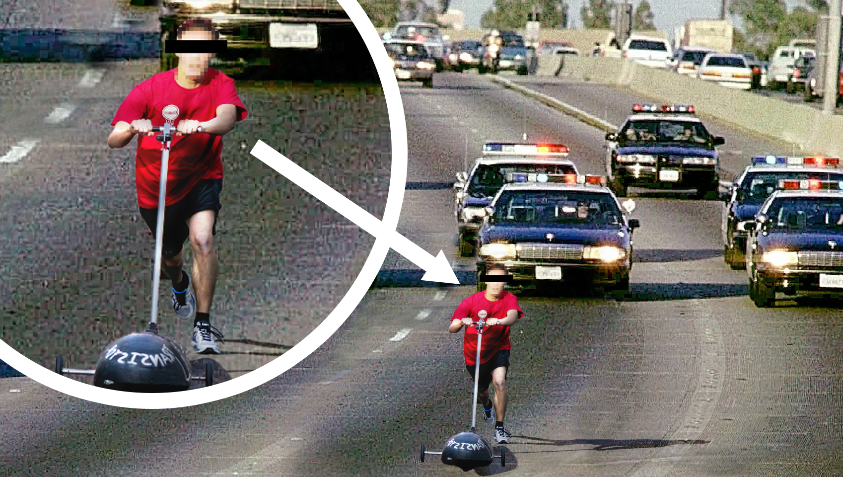 A recreation of the OJ Simpson car chase image, but with a buggy and pusher instead of the white Bronco.