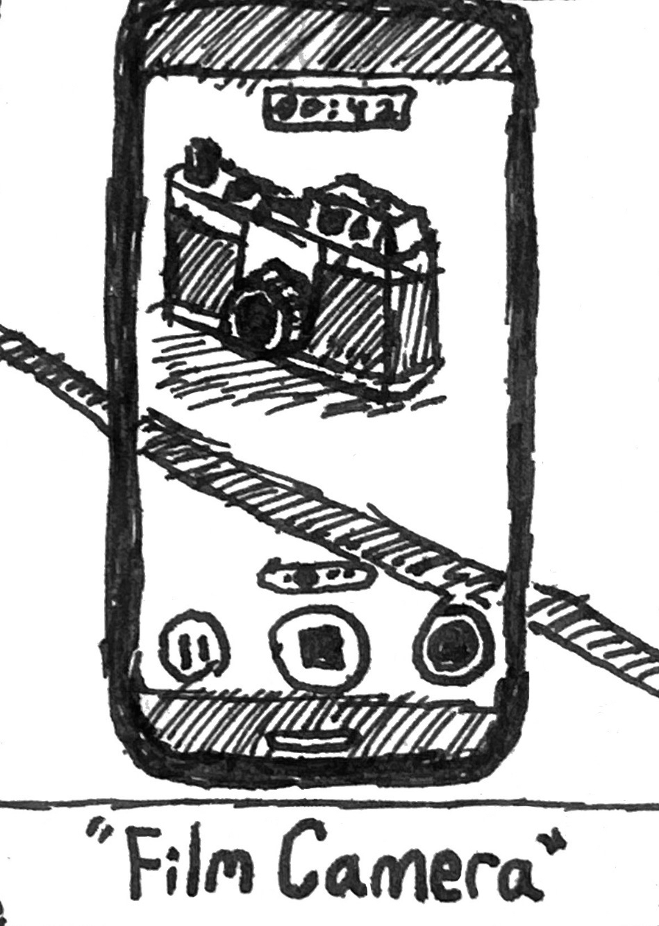 A skech of an old-school camera being filmed with a smartphone, labeled "film camera".