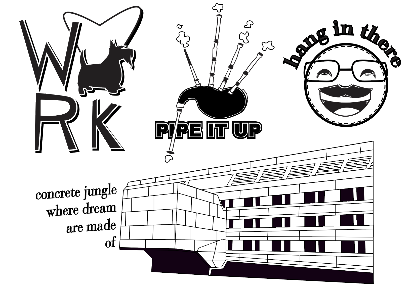 Four logos: "work" with the "o" replaced with a scotty dog, "pipe it up" with bagpipes, "hang in there" with an emoji-ified Farnam Jahanian, and a sketch of Wean labeled "concrete jungle where dreams are made of".