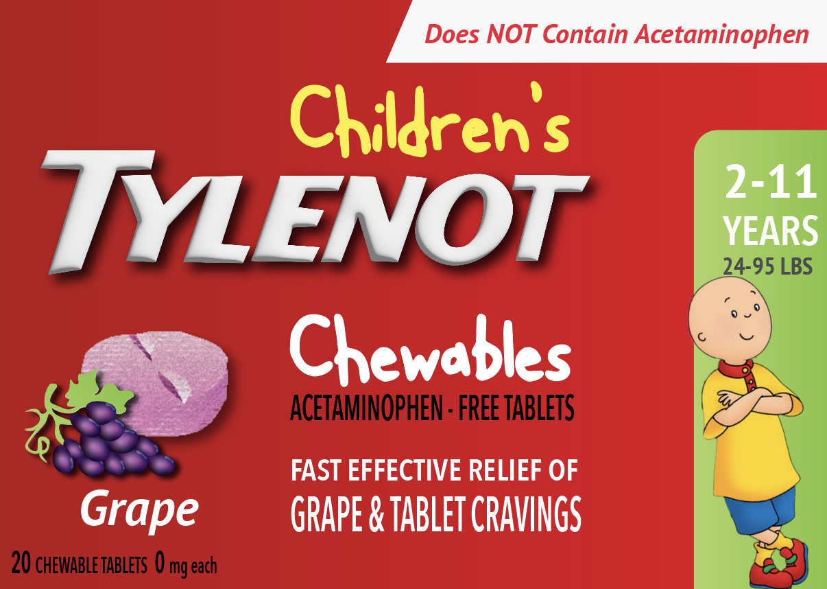The packaging for "Children's Tylenot [sic]", labeled "Does NOT Contain Acetaminophen"