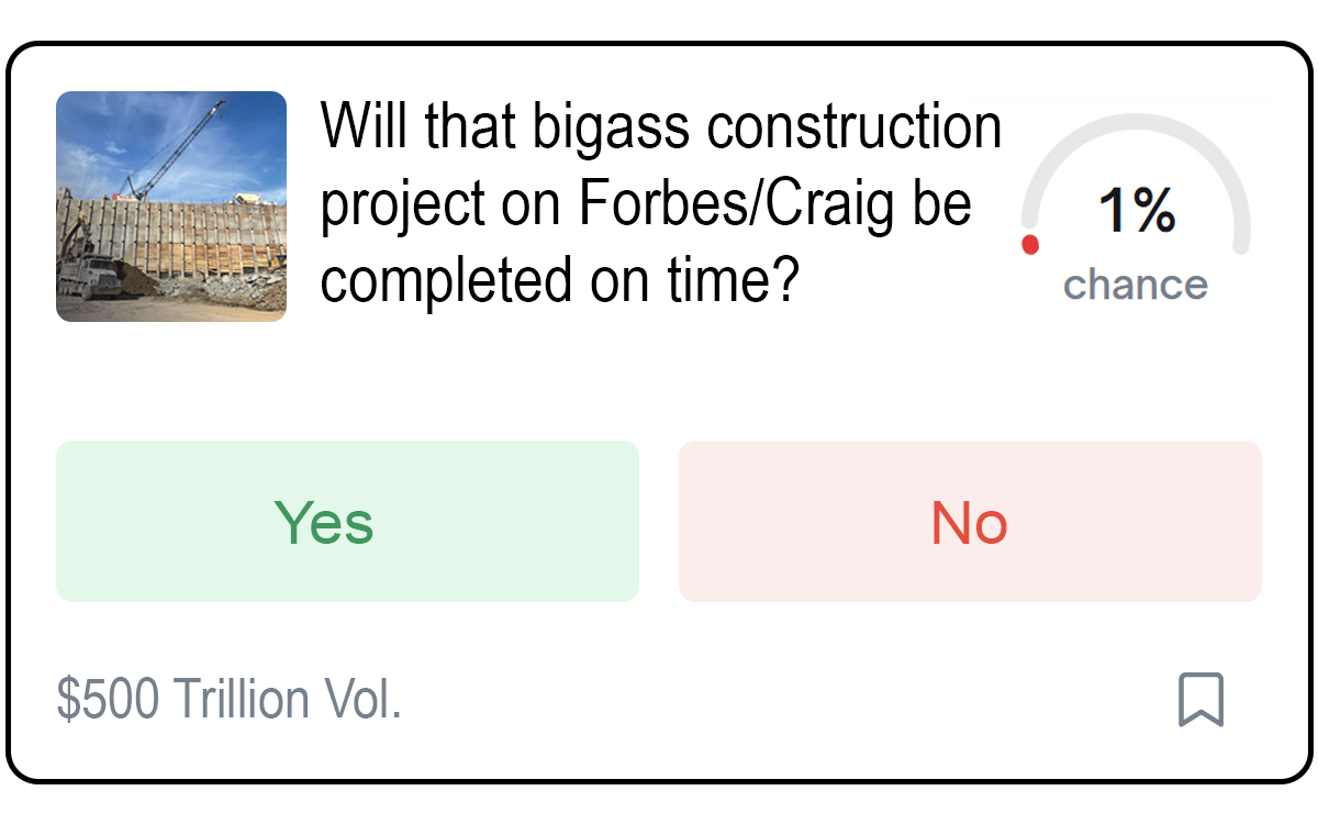 An image appearing to be a screenshot of a Polymarket betting option labeled "Will that bigass construction project on Forbes/Craig be completed on time?" with a 1% projected chance of succeeding and a $500 trillion volume.