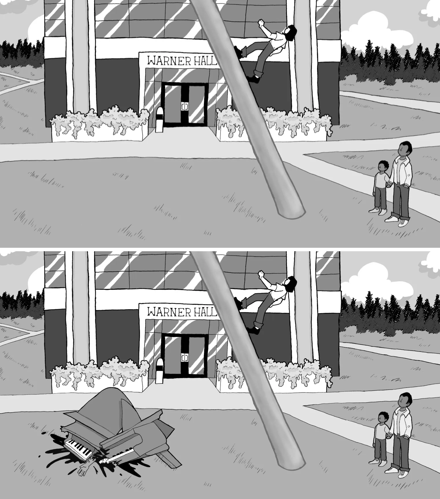Two similar sketches of the base of Walking to the Sky with Warner Hall in the background. In one image, a crushed piano has just landed on top of what is now a splatter of blood.