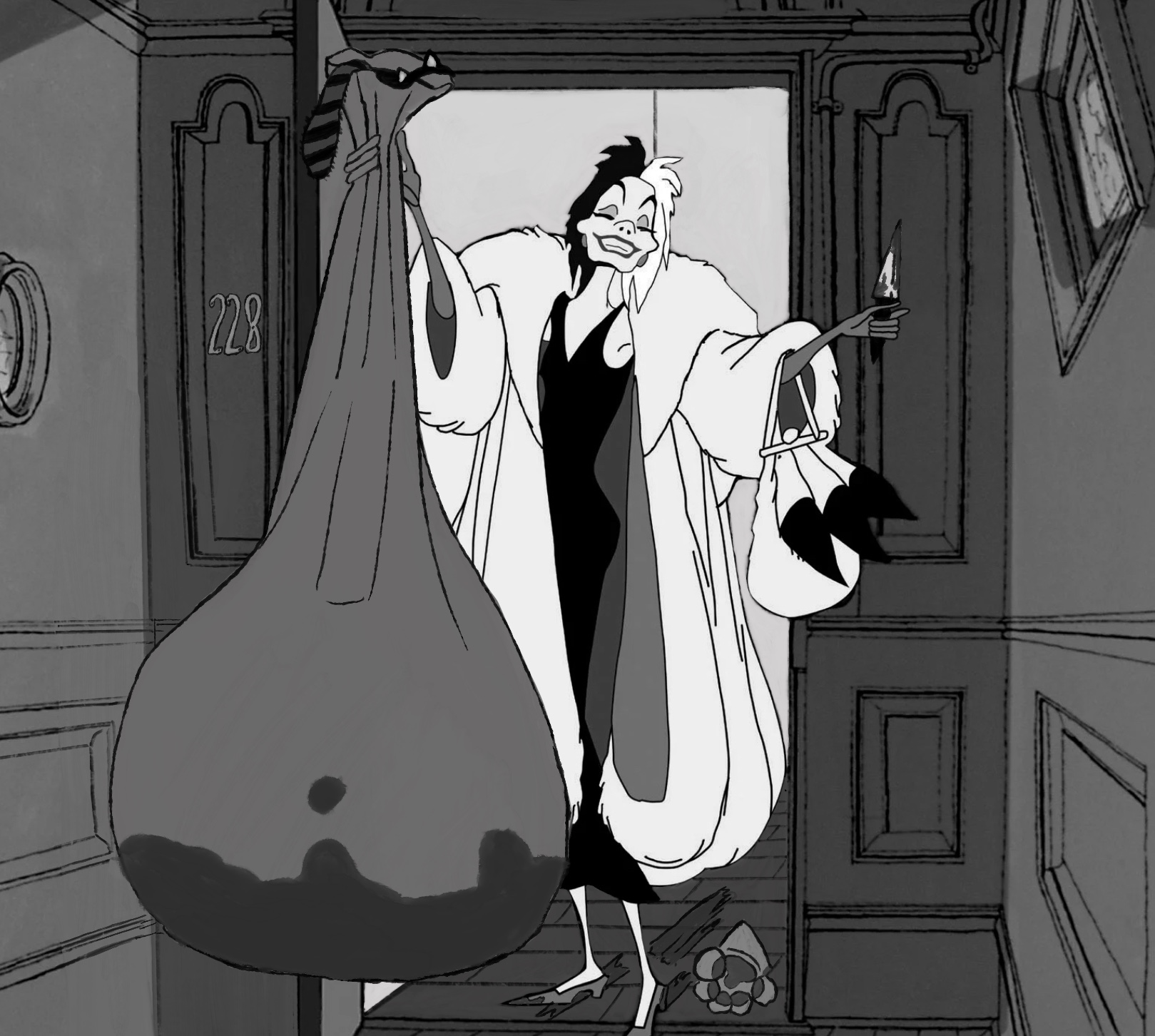 Cruella De Vil walking through an ornate door with a large grin. She's holding a cloth bag in front of her, about as tall as she is, which is dripping through at the bottom.
